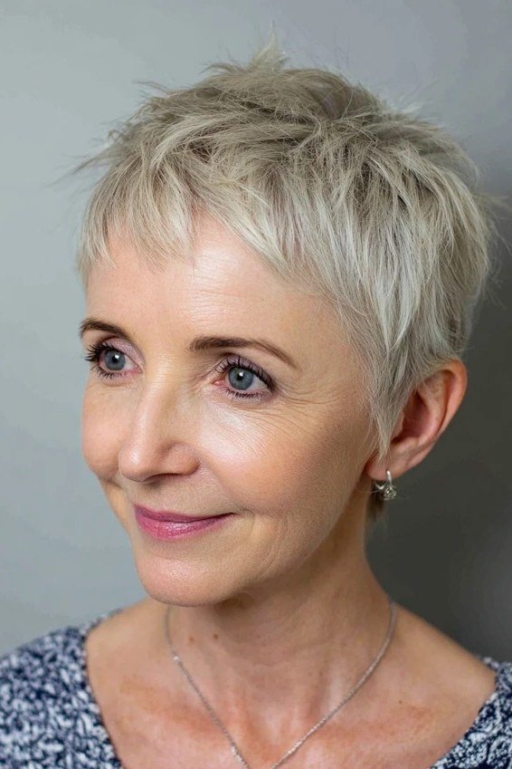 silver soft pixie haircut for women over 50 front view