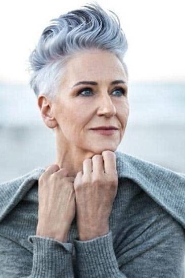 short silver pixie with textured crown, front view hairstyle for women over 70