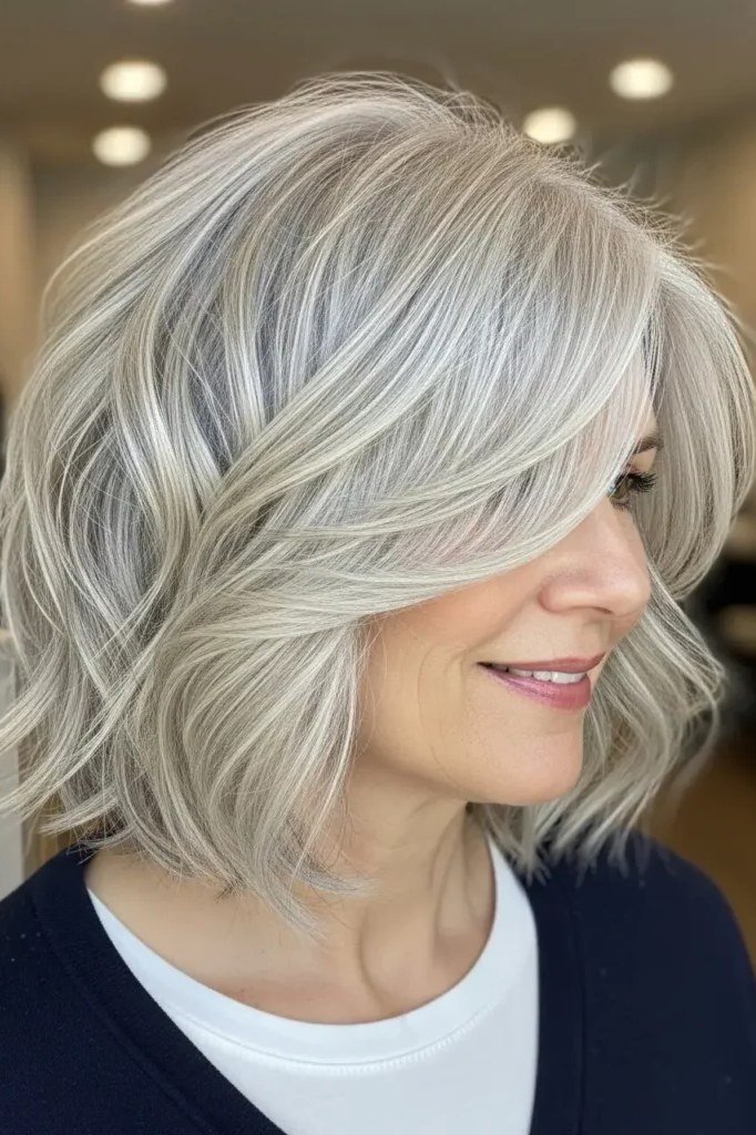 Wavy silver french bob with side-swept fringe in side profile