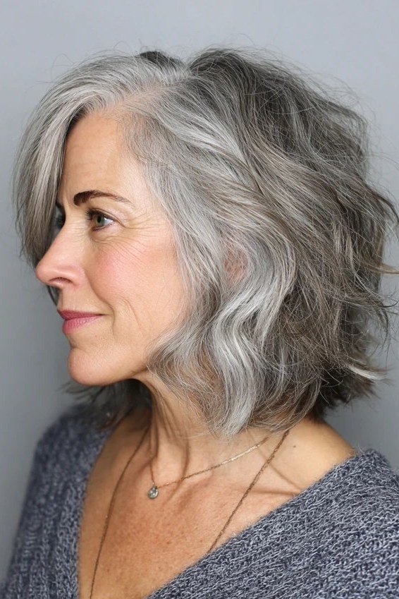 Silver wavy shaggy layered bob with movement, side view, silver wavy bob for women over 50