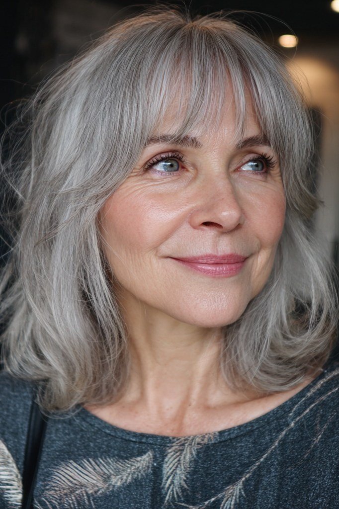 Angled Silver Bob - grey shoulder length hairstyle for women over 60