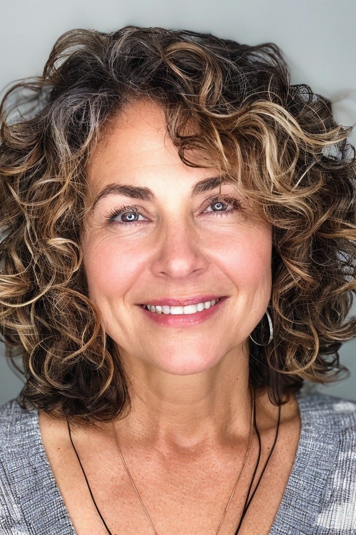 Brown Curly Bob With Highlights - short curly hairstyle for women over 60