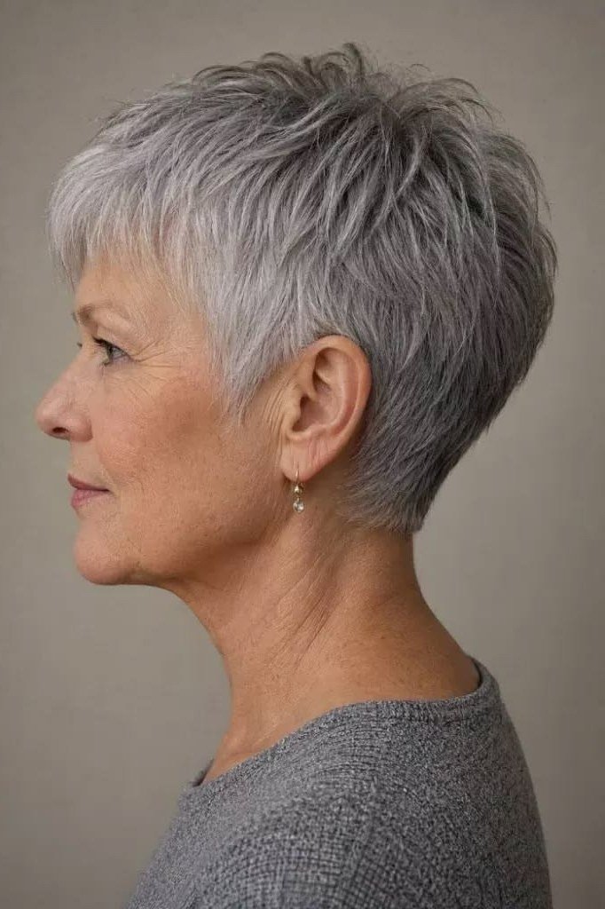 Tapered grey pixie haircut, side profile, for women over 60