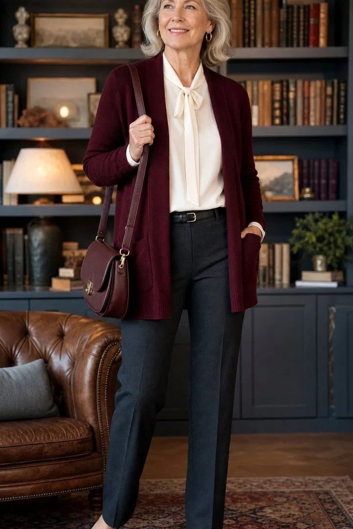 burgundy cardigan white shirt dark pants fall outfit over 50