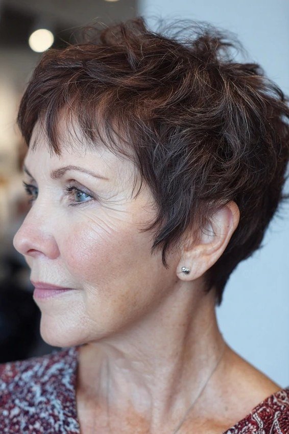 Dark brown feathered pixie, textured layers, three-quarter view for women over 60