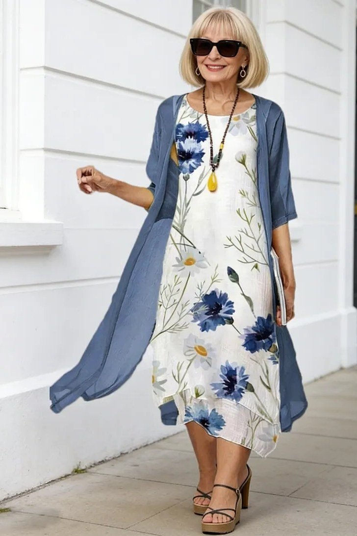white floral dress with blue duster for women over 60
