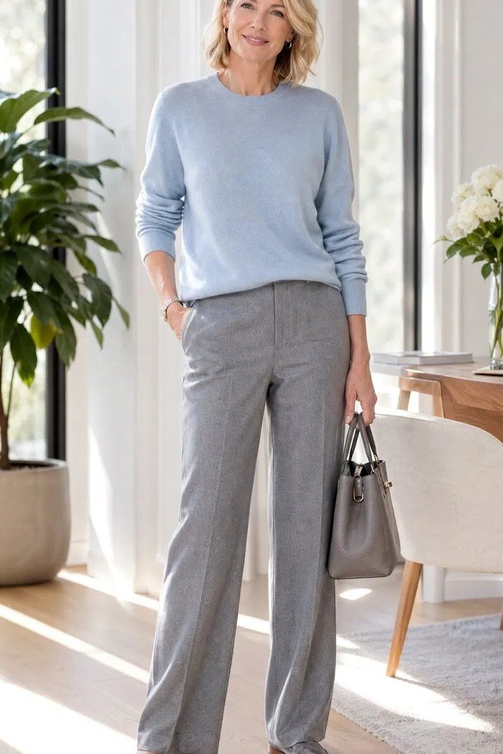 light blue sweater with grey wide trousers and grey bag for women over 50