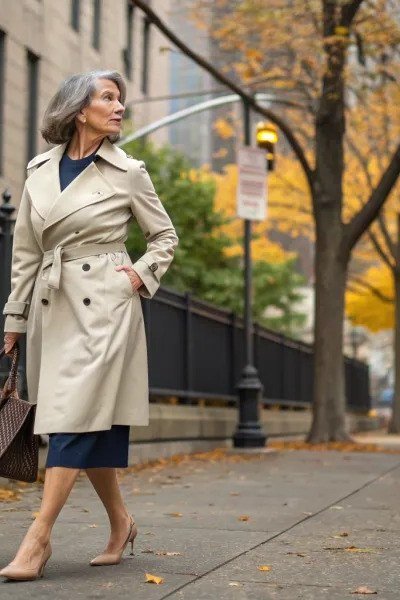 Beige trench coat fall outfit idea for women over 60