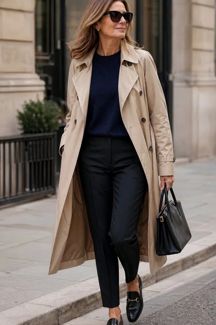 Camel trench coat with a navy top, black cropped trousers, and black loafers, timeless weekend outfit for women over 40