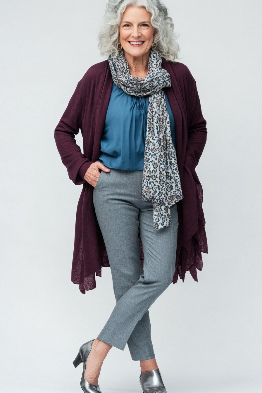 Burgundy long cardigan over blue top with gray trousers and patterned scarf