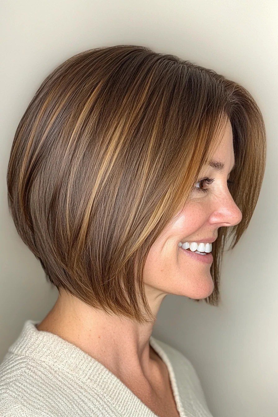 Brown straight bob, side view, smiling - wispy hairstyle for women over 40