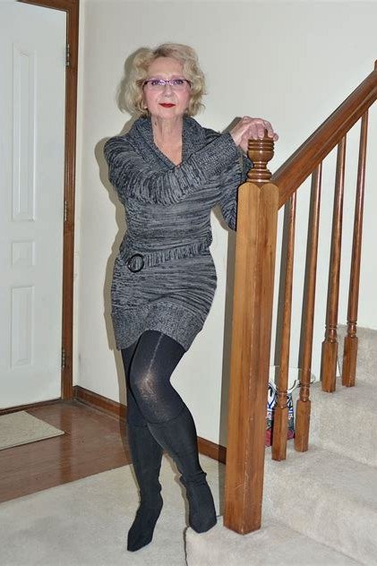 gray ruched knit mini with tights for women over 60