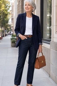 Woman over 60 wearing navy blazer, white tee, dark jeans, tan handbag, city sidewalk
