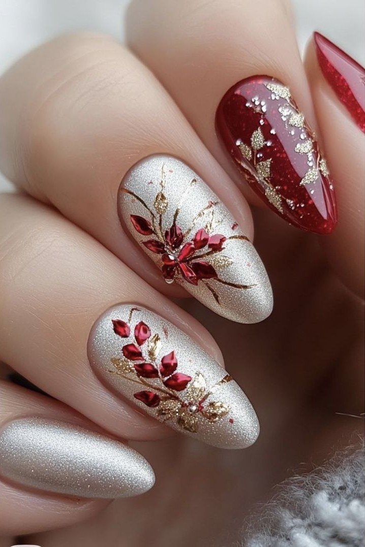 White with red poinsettia nail art - Christmas nail design for older women