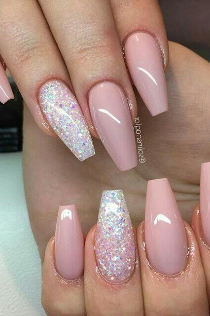 Pink coffin nails with glitter accent nail