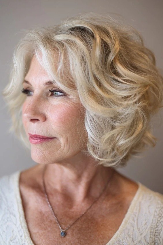 Blonde Wavy Bob, Soft and Creamy - curly bob hairstyle for women over 50
