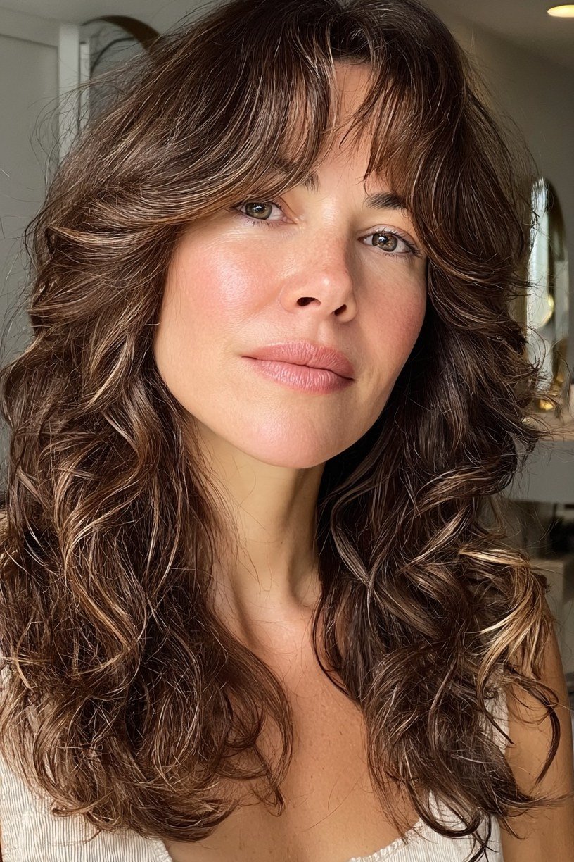 Voluminous dark curly shag with polished defined curls for women over 40