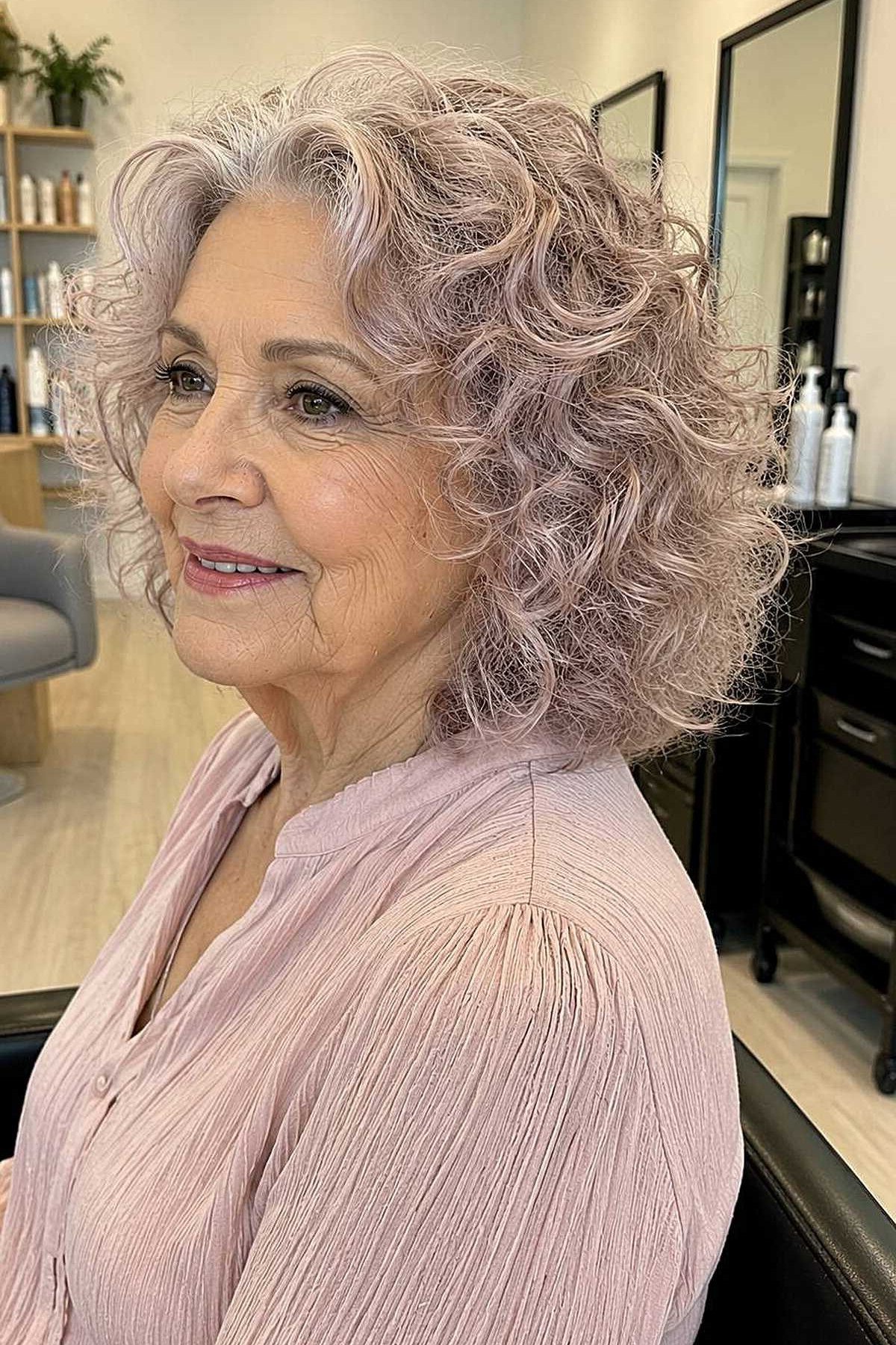 Lavender tinted curly bob for women over 50