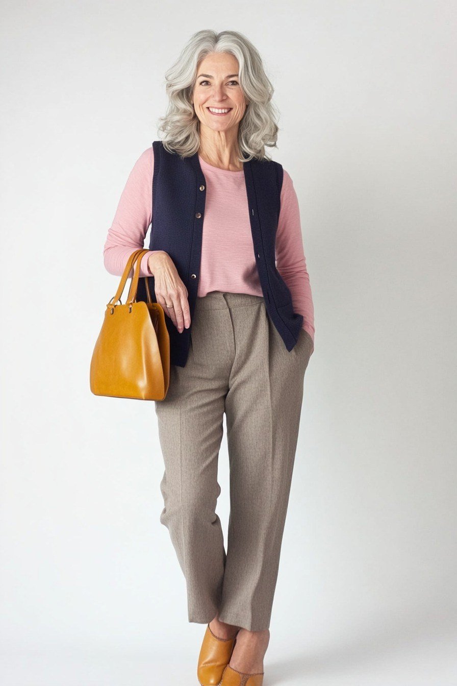 Pink top with navy vest beige trousers and mustard bag
