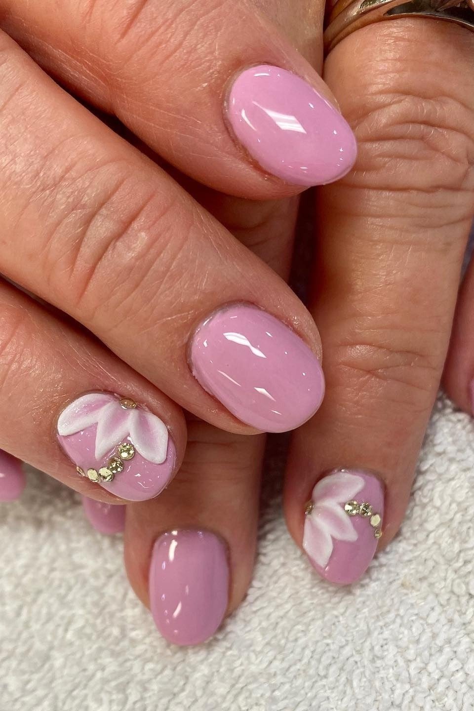 Pink with White Floral Art - short nail design for women over 40