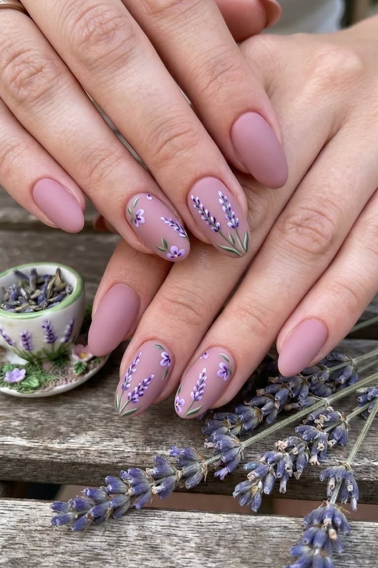Mauve Almond Nails with Lavender Floral Art, elegant mauve nail idea for women over 60