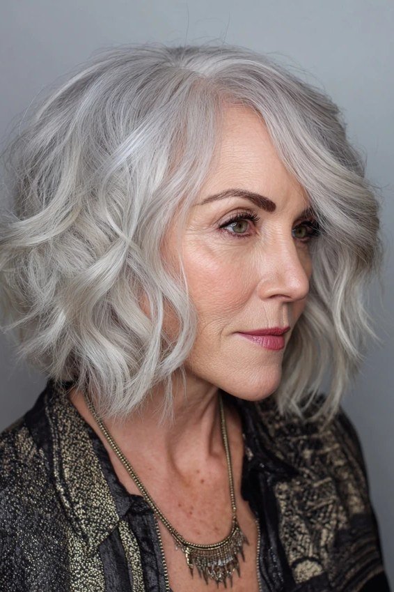 White defined wave shaggy bob for women over 60, front view