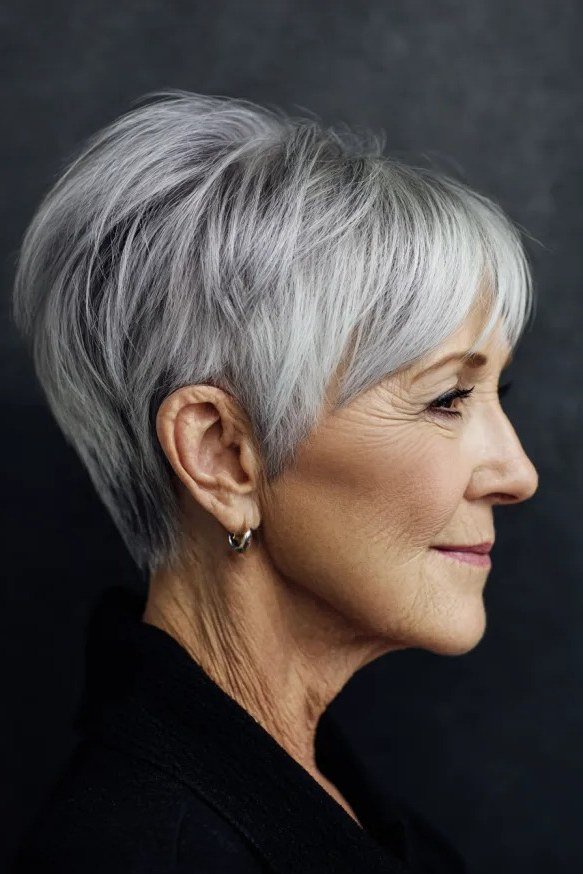 sleek silver pixie haircut, side view