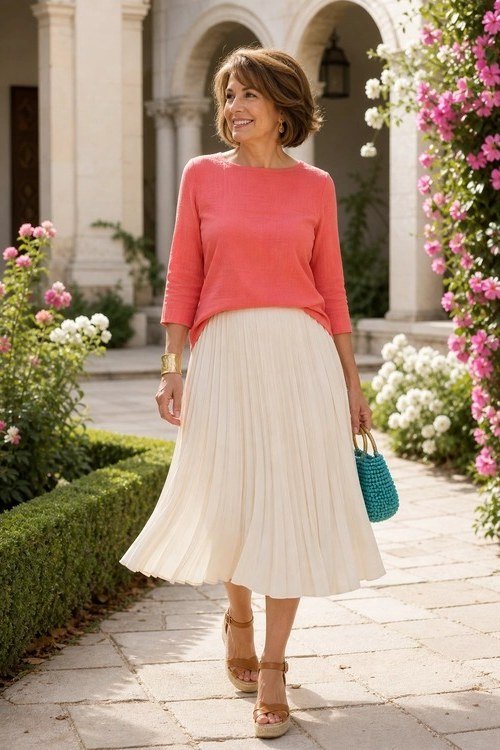 Coral Top With Cream Pleated Skirt - flattering outfit idea for women over 50, how to dress better over 50
