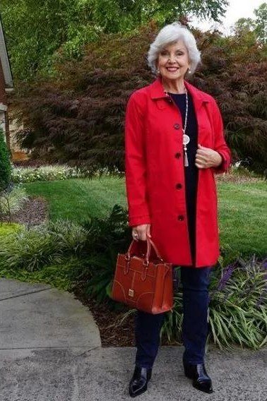 cherry red coat with navy trousers church outfit for women over 60