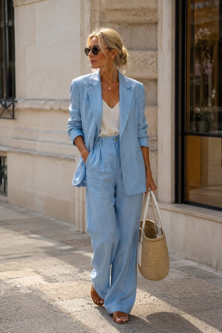 Sky-blue linen suit, older blonde woman, city street