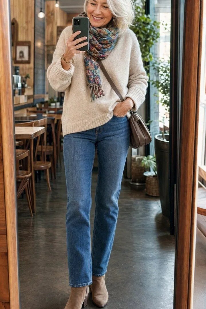 cream sweater and patterned scarf at the cafe fall outfit for women over 60