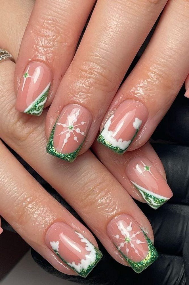 Nude Green Glitter French Snowflake Nails - nude green glitter french snowflake, glitter winter nail design for women over 60