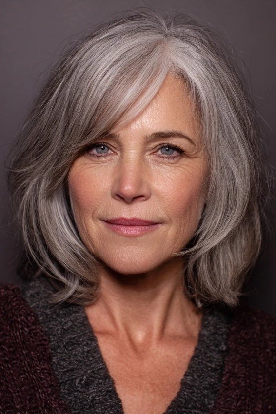 straight silver lob for older women, front view
