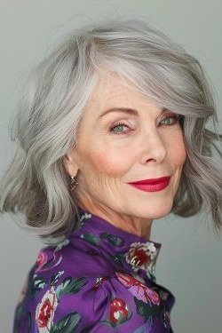 Silver shoulder-length wavy bob, soft waves, timeless hairstyle for women over 70