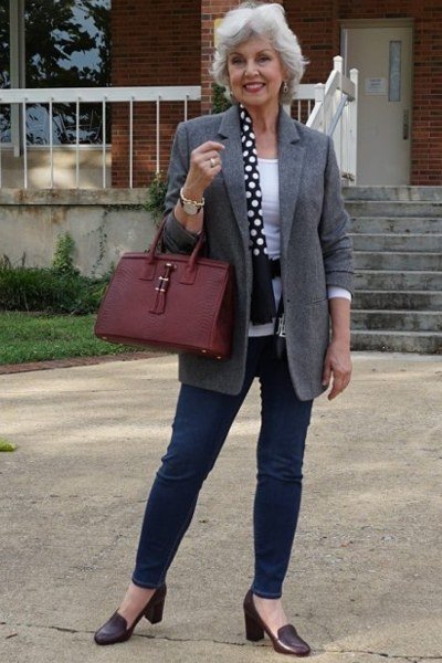 Gray Blazer with a Polka-Dot Scarf and Dark Jeans, classic casual outfit for women over 70