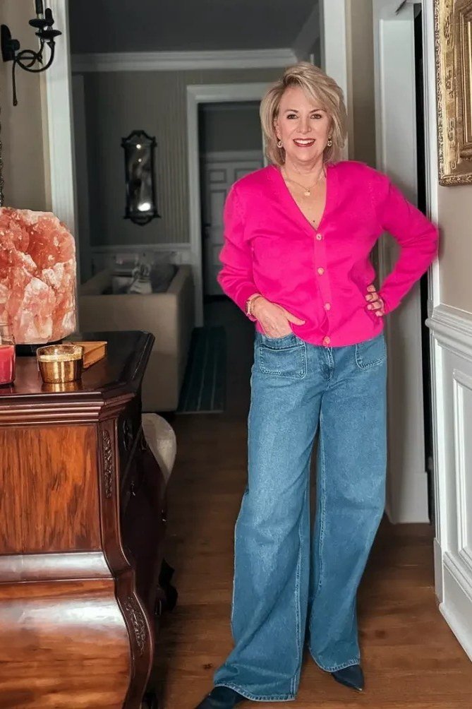Fuchsia Button Shirt with Wide-Leg Jeans - chic casual outfit for women over 50