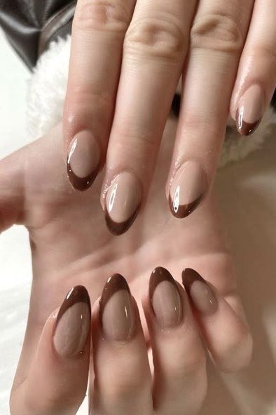 Brown French Tip Almond Nails - brown nail idea for women over 50