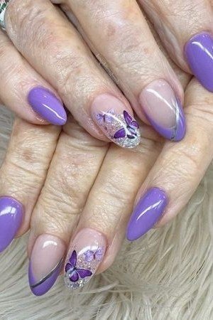 Purple with Floral Art on Almond gel nails for women over 60