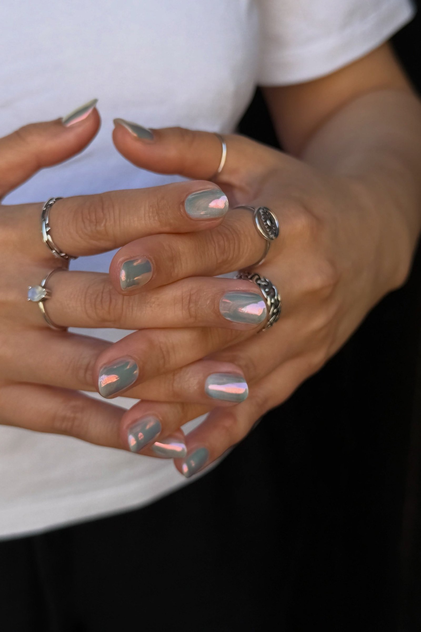 Sage Gray-Green Chrome Short Nails - chrome nail designs for women over 60