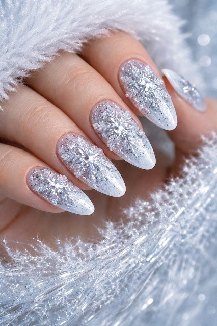 Icy Blue Glitter Almond Nails for women over 60