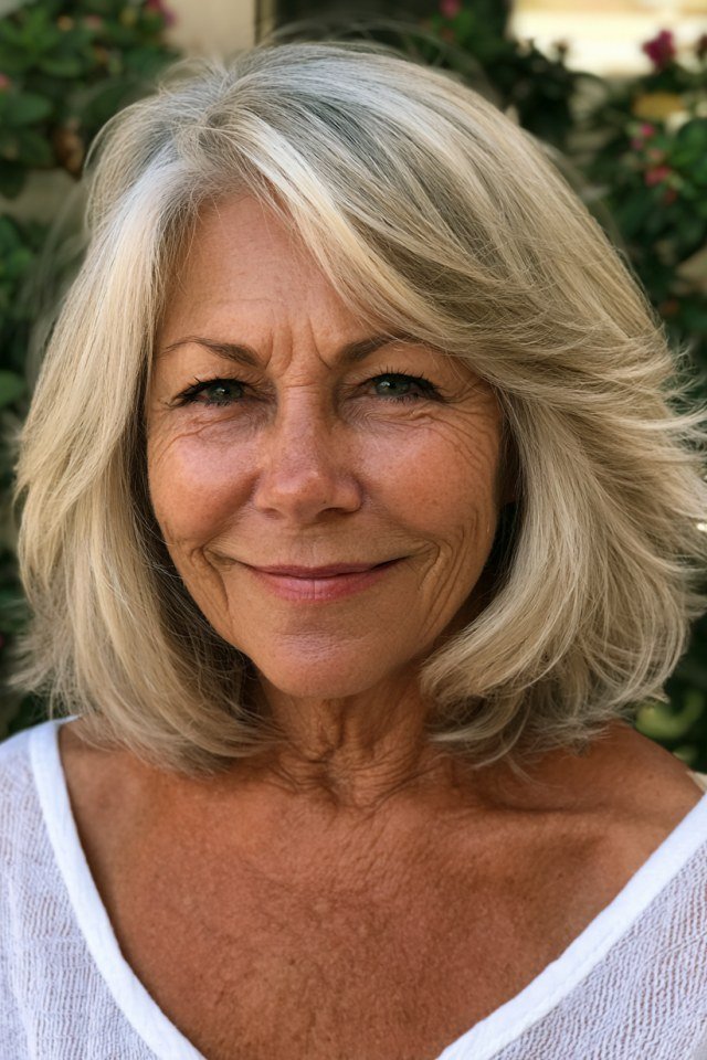 Wavy Blonde Lob Outdoors - layered lob hairstyle for women over 60