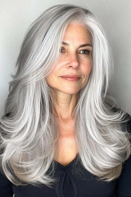 Long Silver-White Butterfly Layers - butterfly cut hairstyle for women over 60