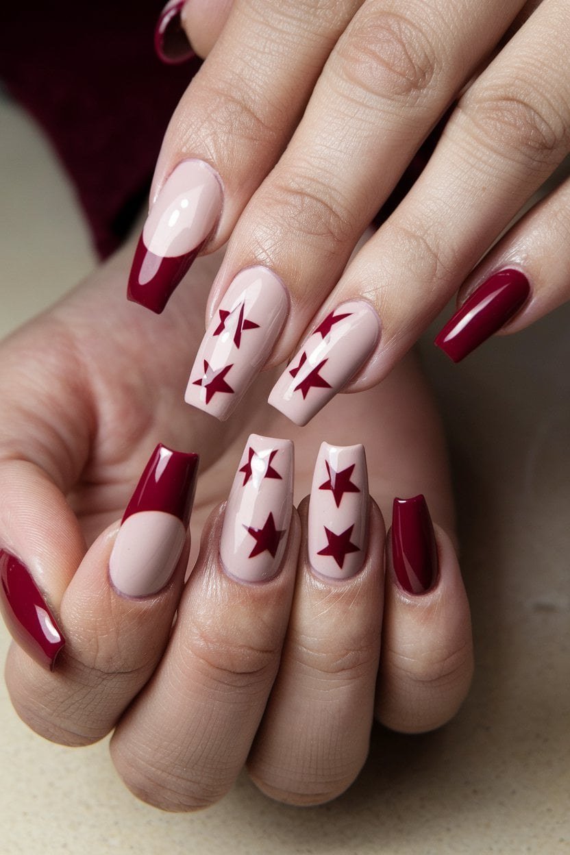 50. Burgundy French Nails With Star Art - Thanksgiving nail art idea for women over 50