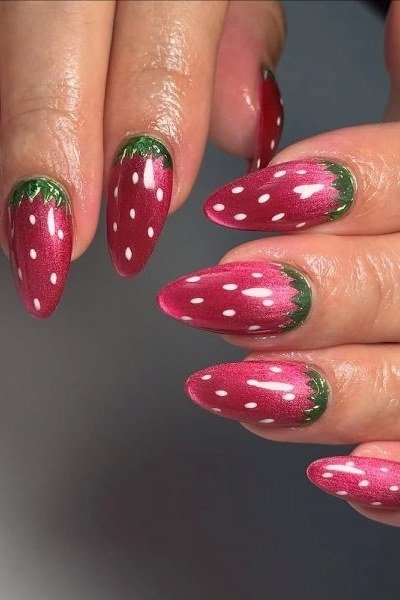 Almond nails with glossy strawberry fruit art