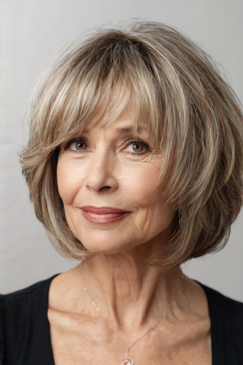 Ash-blonde bob with wispy bangs framing the forehead for women over 60