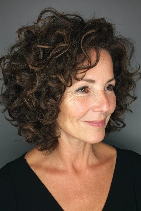 Espresso curly lob, three-quarter view, mature woman