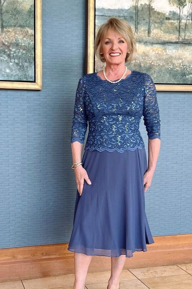Periwinkle blue lace cocktail dress for women over 60