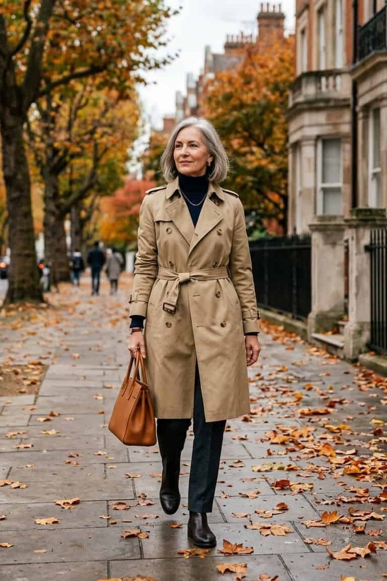 Classic Camel Trench with Black Layers - fall outfit for women over 40