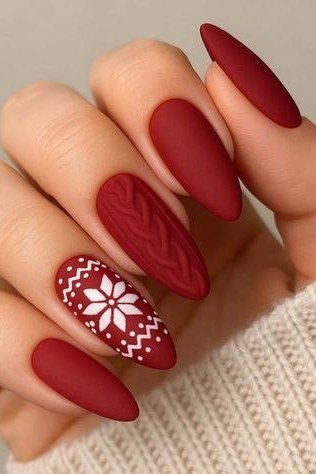 matte red sweater-knit pattern, almond