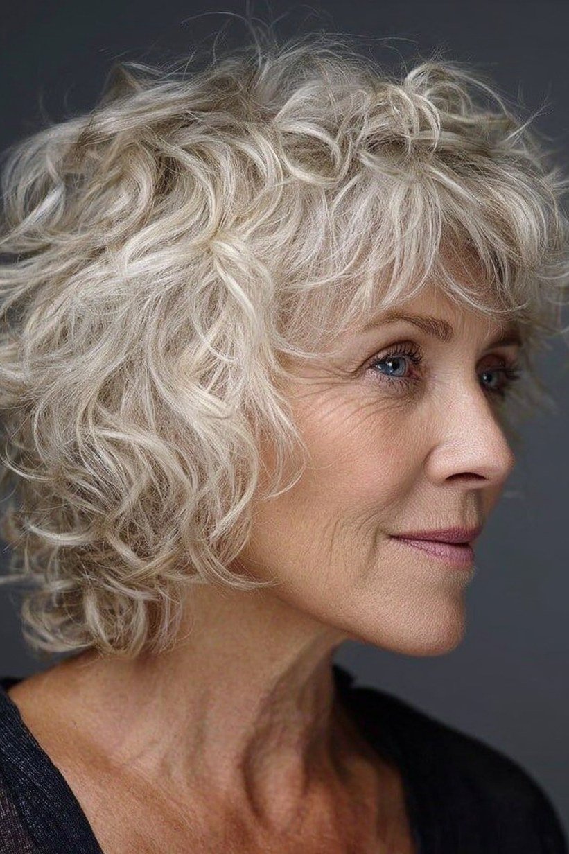 White curly bob haircut for women over 60